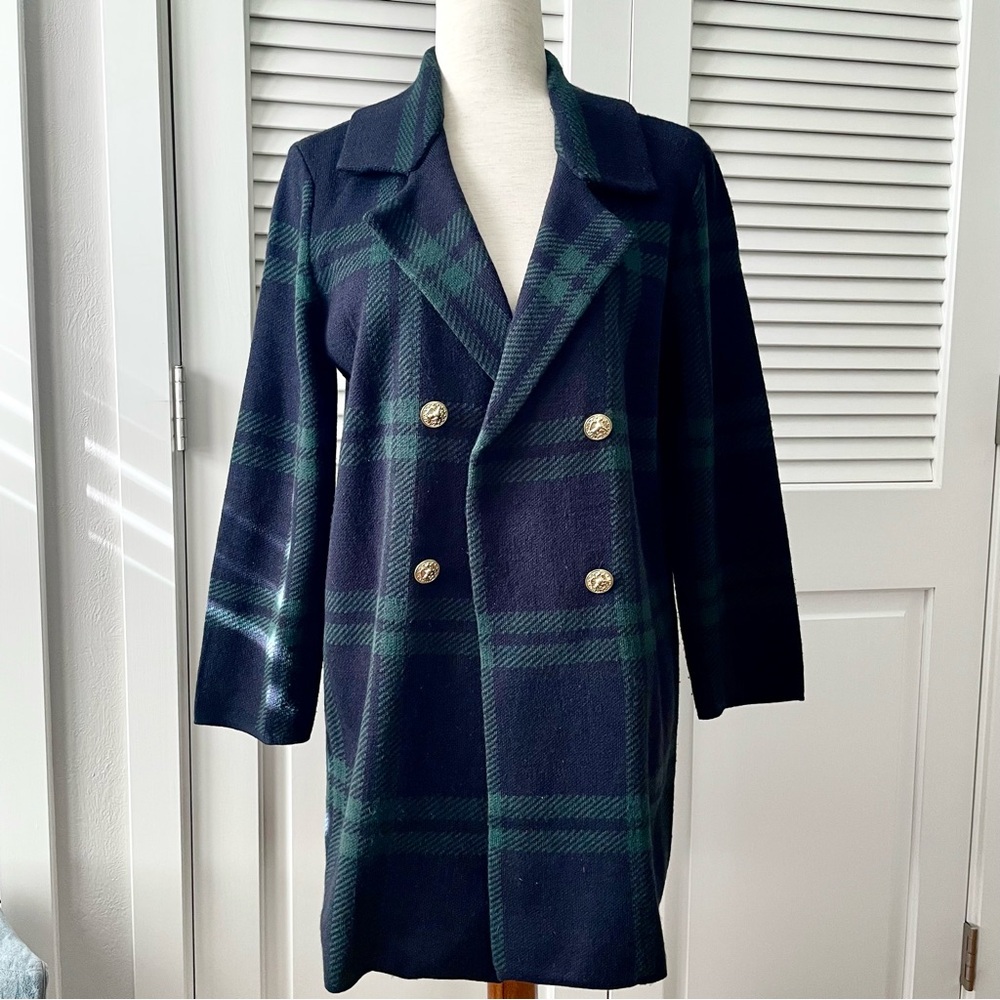 Anne Klein Tartan Plaid Open Front Sweater Coatigan Jacket Blazer Size M